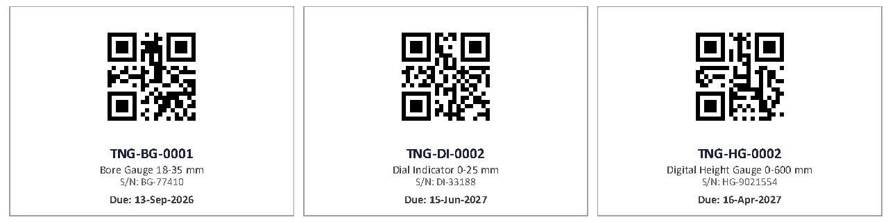 Three QR code labels showing instrument ID, range and due date.