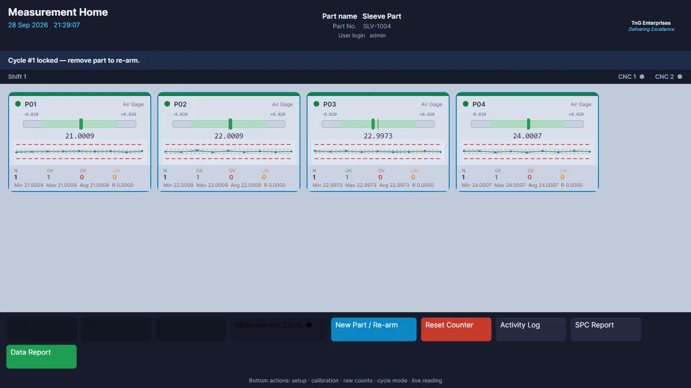 Measurement screen showing four part parameters, each with its live value on a green tolerance bar.